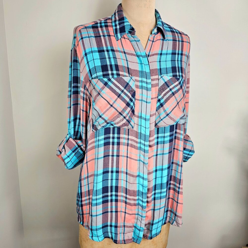 Express Plaid Button Down Shirt Teal Coral Navy Roll Tab Sleeve Size S